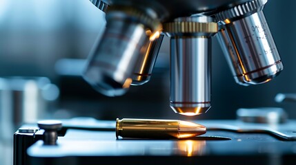 Close-up of a bullet under a microscope in a forensic laboratory. Detailed examination for ballistic analysis and criminal investigation.