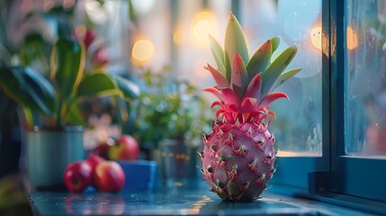 a close up view of a pineapple plant on a windowsill