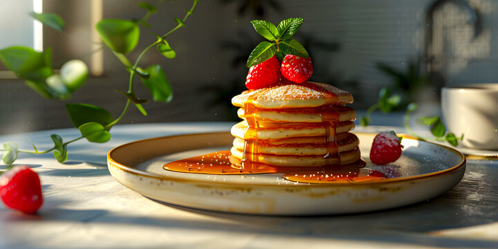 Imagen horizontal de un elegante plato de hot cakes con frambuesas y fresas con miel en una cocina con plantas 