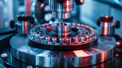 Close-up of a high-precision CNC machine tool for metalworking in a modern industrial manufacturing setting with blue lighting.