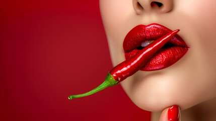 Obraz premium Red woman lips holding hot chili peppe copy space ai generative