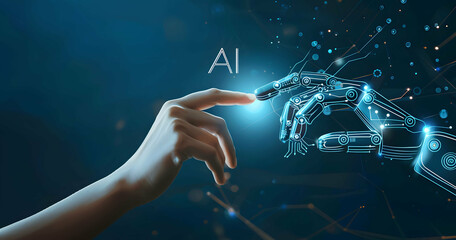 AI, Machine learning, Hands of robot and human touching on big data network connection background, Science and artificial intelligence technology, innovation and futuristic.