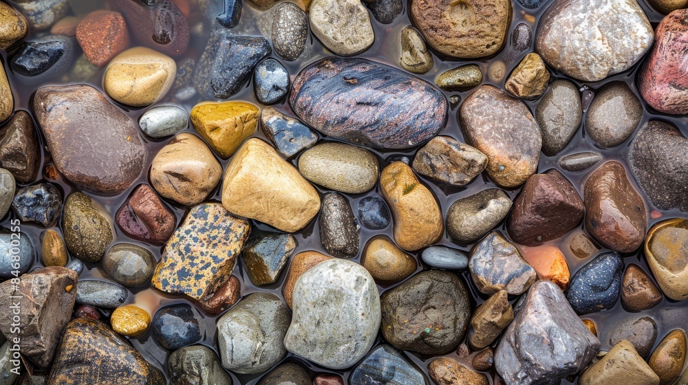 Poster multicolored pebbles in riverbed with space for text