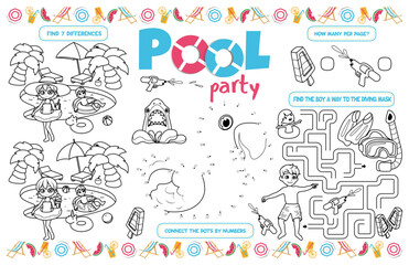 Festive placemat for children. Printable activity sheet "Pool party" with a labyrinth, connect the dots, find the difference. 17x11 inch printable. Vector file