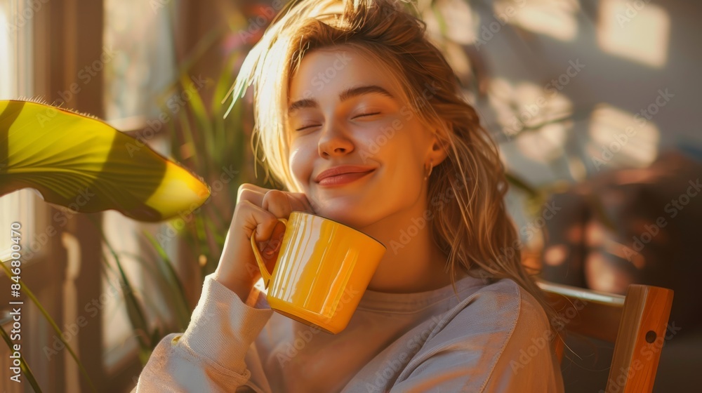 Sticker The woman with a yellow mug