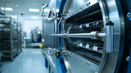 Fototapeta premium Close-up of an industrial machine inside a modern laboratory with advanced equipment, highlighting its intricate details and technology.