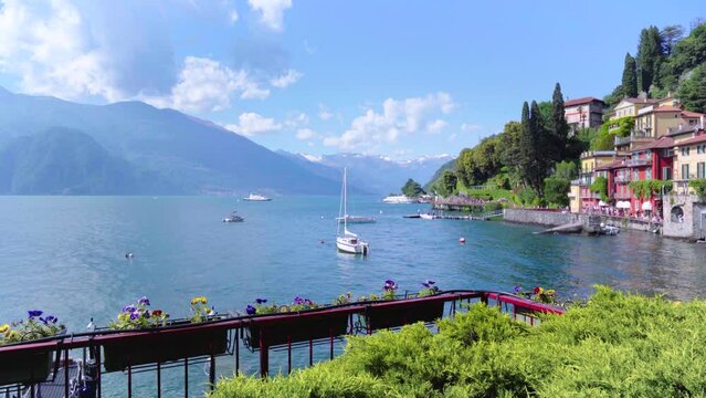 Italian Port on Lake Como with Alps and colourful houses