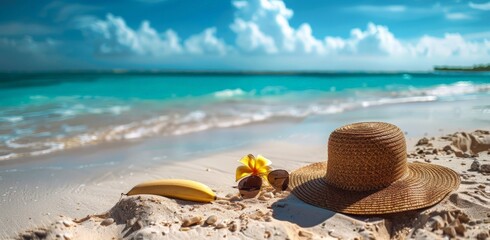 A sunny day at the beach with a banana, sunglasses, and a hat on the sand.