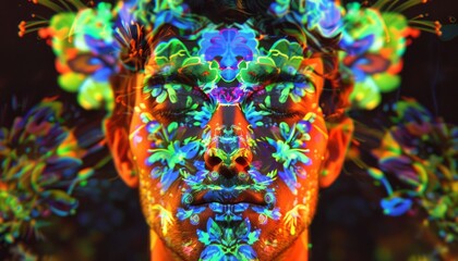 Person With Colorful Floral Face Paint Under Black Light
