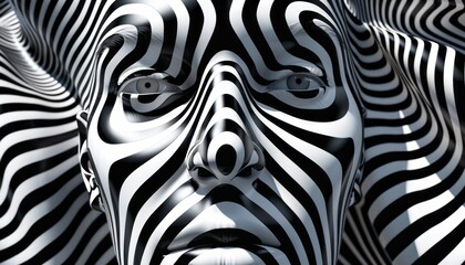 Closeup of a Human Face Covered in Black and White Stripes