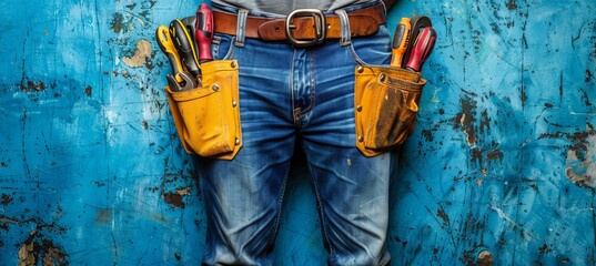 Portrait of maintenance worker with tool kits against rough wall, skilled man at work