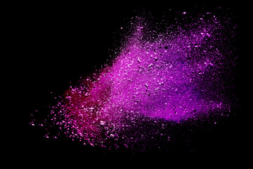 purple powder explosion on white background. Colored cloud. Colorful dust explode. Paint Holi
