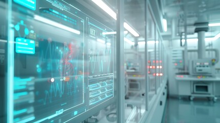 Obraz premium Futuristic laboratory with digital interfaces and advanced technology for scientific research and innovation in a sterile environment.