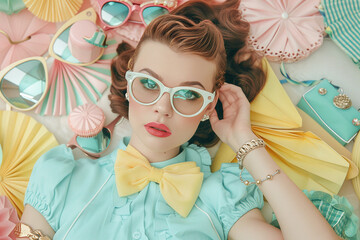 Vintage-Inspired Portrait of a Young Woman with Glasses and Colorful Accessories