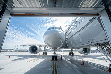 An airplane is connected to a passenger boarding bridge at an airport terminal. Generative AI