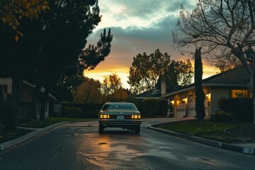 Obraz premium Classic car sits on a quiet residential road against a backdrop of a stunning sunset