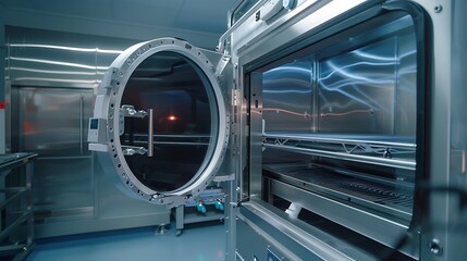 High-tech laboratory with advanced industrial equipment and machinery in a cleanroom environment for precise manufacturing processes.