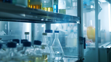 Chemical laboratory glassware on shelves in a lab environment. Macro shot with blue lighting. Science and research concept