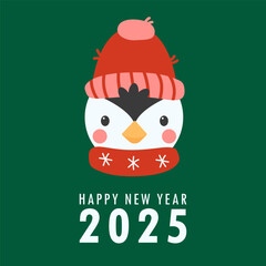 Happy new year 2025 greeting card with cute penguin in knitted hat and scarf. Holiday cartoon character in winter season. Flat vector illustration 