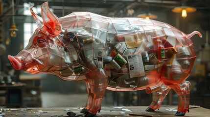 Transparent Carbon Pig with Discarded Items Filling Its Interior Against Beige Backdrop