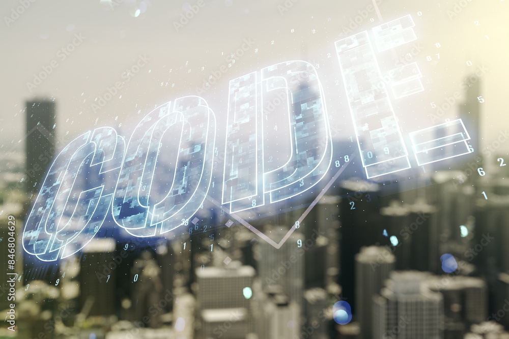Aufkleber Code word hologram on blurry cityscape background, artificial intelligence and neural networks concept. Multiexposure
