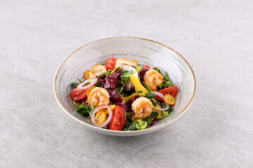 Shrimp, Avocado, Tomato Salad. Grilled View from above, top studio shot