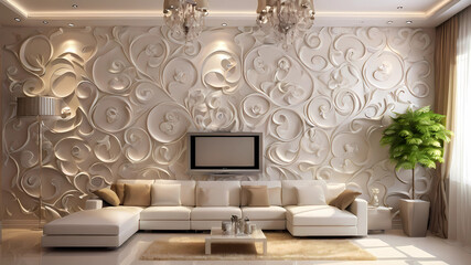 Ultra realistic  photo of Modern take on  bali inspired low ceiling small apartment white cream stone, light wood  interor view of cool  king bed with unusual custom made carved headboard.