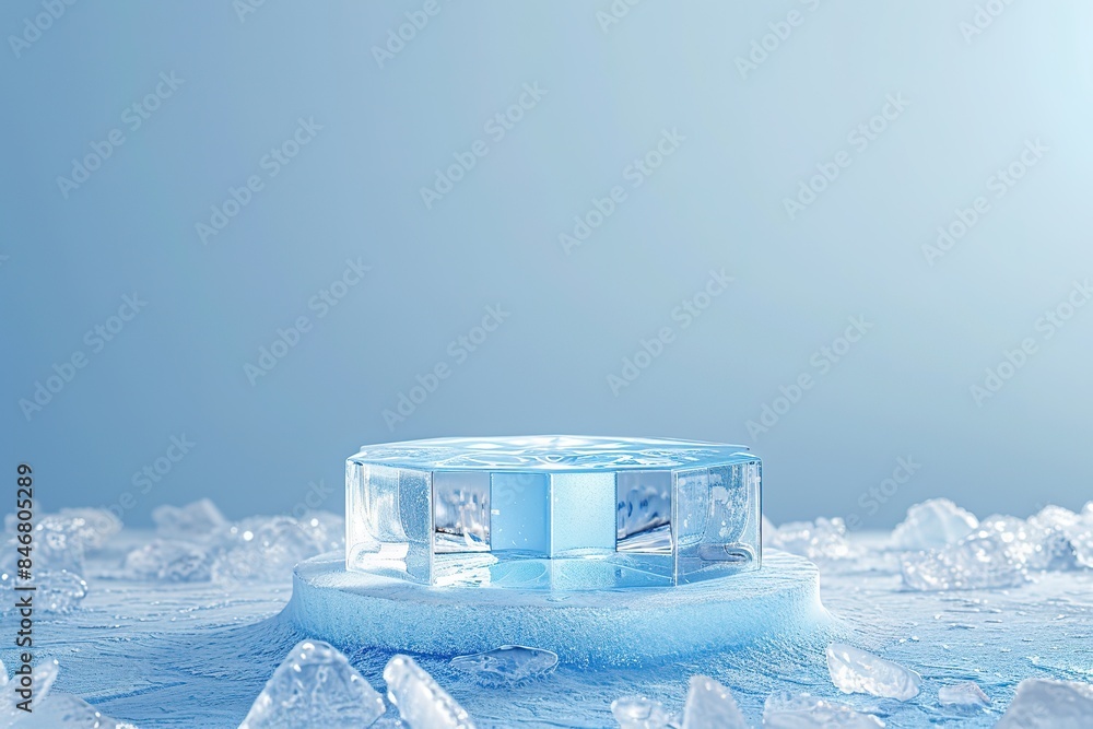 Wall mural cool ice cube podium stage. blue background with winter product display empty presentation