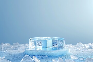 Cool ice cube podium stage. blue background with winter product display empty presentation