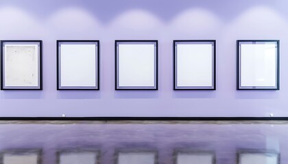 Bright, modern gallery featuring five black frames on a lavender wall, with a polished floor.