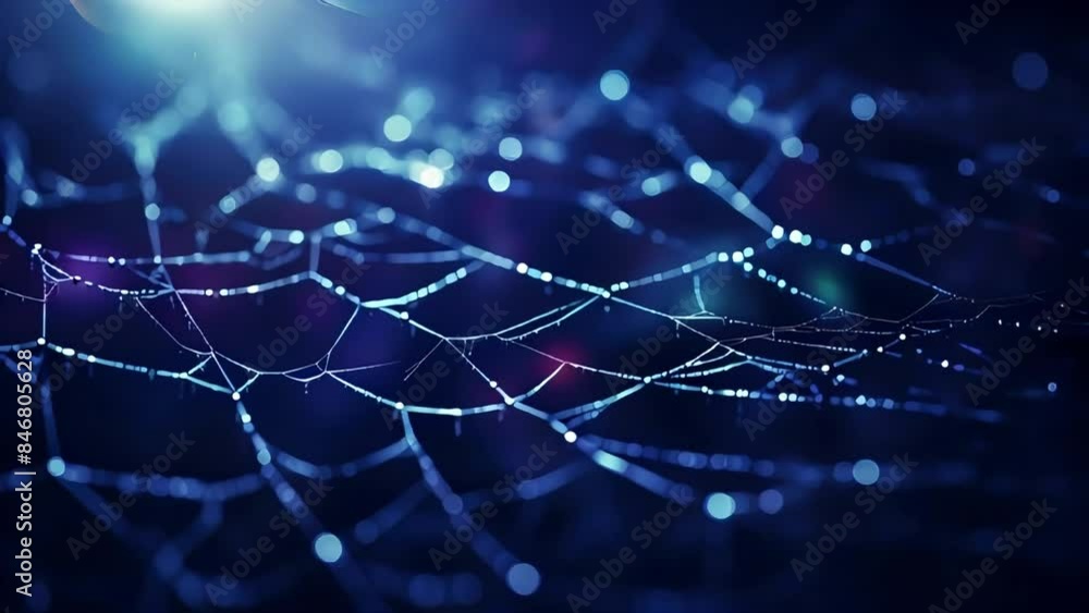 Poster video of spider web is shown in a blue and purple color scheme. the web is made up of many small lin