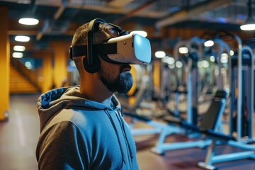 Focused man in a gym experiencing virtual reality with a vr headset on