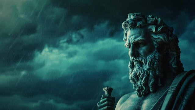 The God Zeus on the background of a gloomy sky
