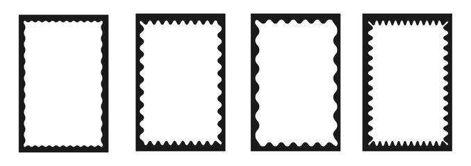 Stories frames set. Zigzag wavy edges, retro squiggle frames, psychedelic rectangles, photo frames, text boxes, tags, labels. Vector groovy shapes set. Wave and curvy borders