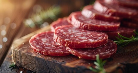 A bunch of thinly sliced red meat on a wooden cutting board with sprigs of green herbs.