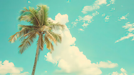 Obraz premium Palm tree on tropical beach with blue sky and white clouds abstract background. Copy space of summer vacation and business travel concept. Vintage tone filter effect color style.