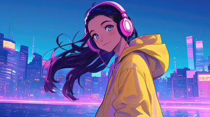 Anime beautiful cute girl in headphones against the backdrop of a night neon city. Musical background for relaxation
