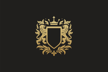Logo design of a heraldic shield with lions on the sides. 