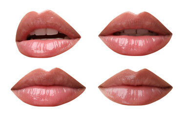 Obraz premium Beautiful female lips with bright makeup on white background, collage of photos