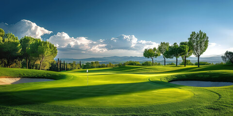 Picturesque golf course with rolling green hills, surrounded by scenic landscapes and distant mountains under a clear blue sky, perfect for leisure and outdoor activities..