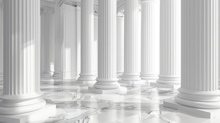 3d rendering white corridor pillars background,Marble pillars building detail. Generative AI