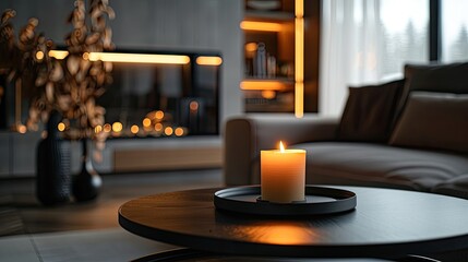 A candle burns on a dark table in a modern room, symbolizing peace. Light scented candles in the house