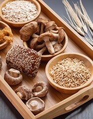 Selective focus of Wood tray contain oat ,Maiitake mushroom,barley,rye,whole-wheat,seaweed, shitake mushroom,bread, yeast,sorghum,rich of fiber,vitamin,beta glucan, protien