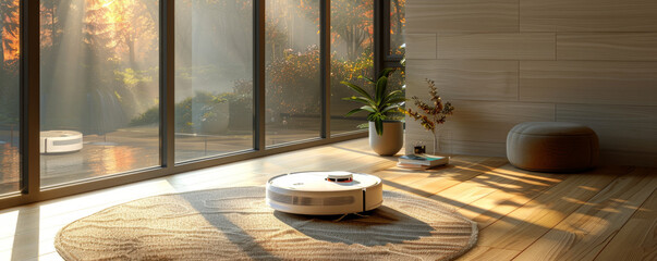 Professional 3D generated white clean designed robotic vacuum cleaner, in a minimalist interior with neutral colors.