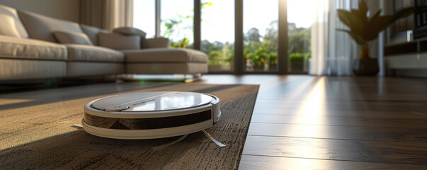 Professional 3D generated white clean designed robotic vacuum cleaner, in a minimalist interior with neutral colors.