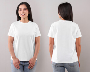 Woman wearing white t-shirt on light grey background, collage of photos. Front and back views