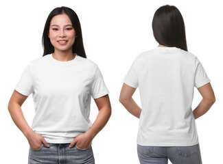 Woman wearing white t-shirt on white background, collage of photos. Front and back views