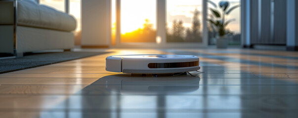 Professional 3D generated white clean designed robotic vacuum cleaner, in a minimalist interior with neutral colors.