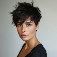 A close-up portrait of a woman with short, tousled hair and soft, natural makeup looking directly at the camera