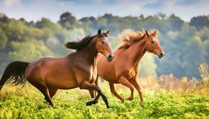Fototapeta premium two horses in the meadow, Brown horses in motion A dynamic image of two brown horses galloping through a lush green field, capturing the motion and energy of their movements, with t.horse in the field